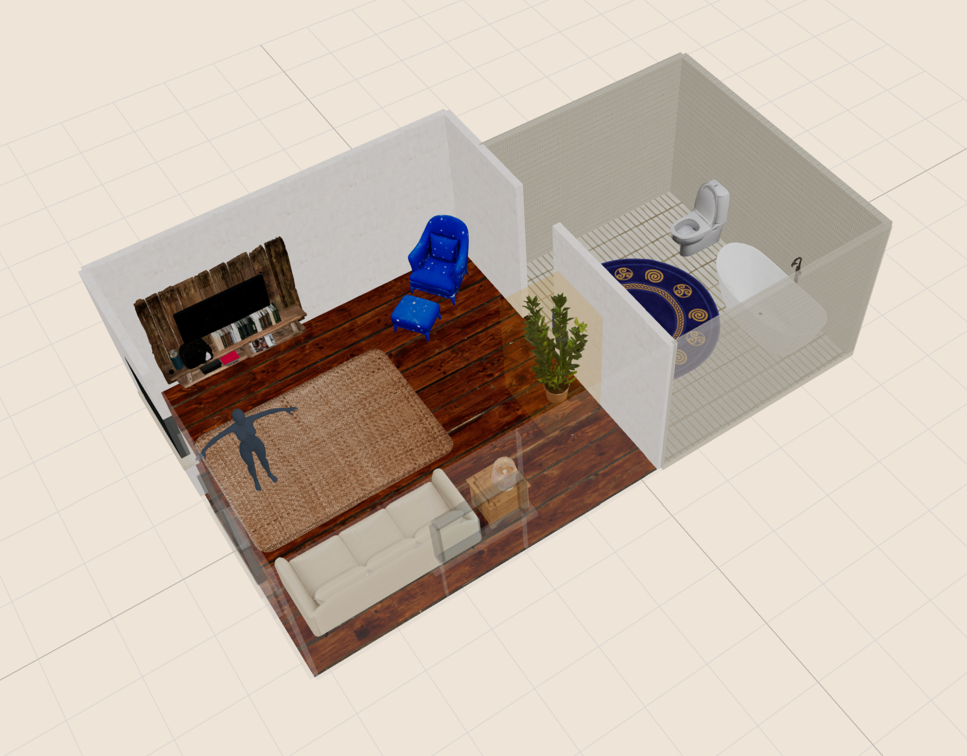 Apartment room composition with furniture and bathroom assets